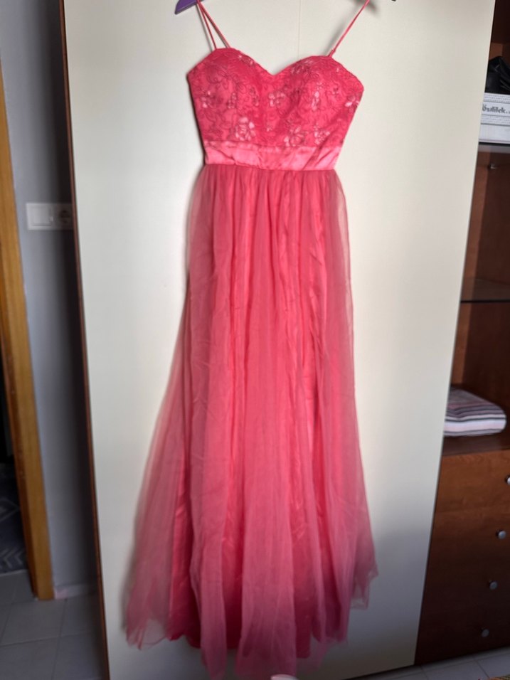 Dantel İşlemeli Pembe Uzun Abiye Elbise - Görsel 3