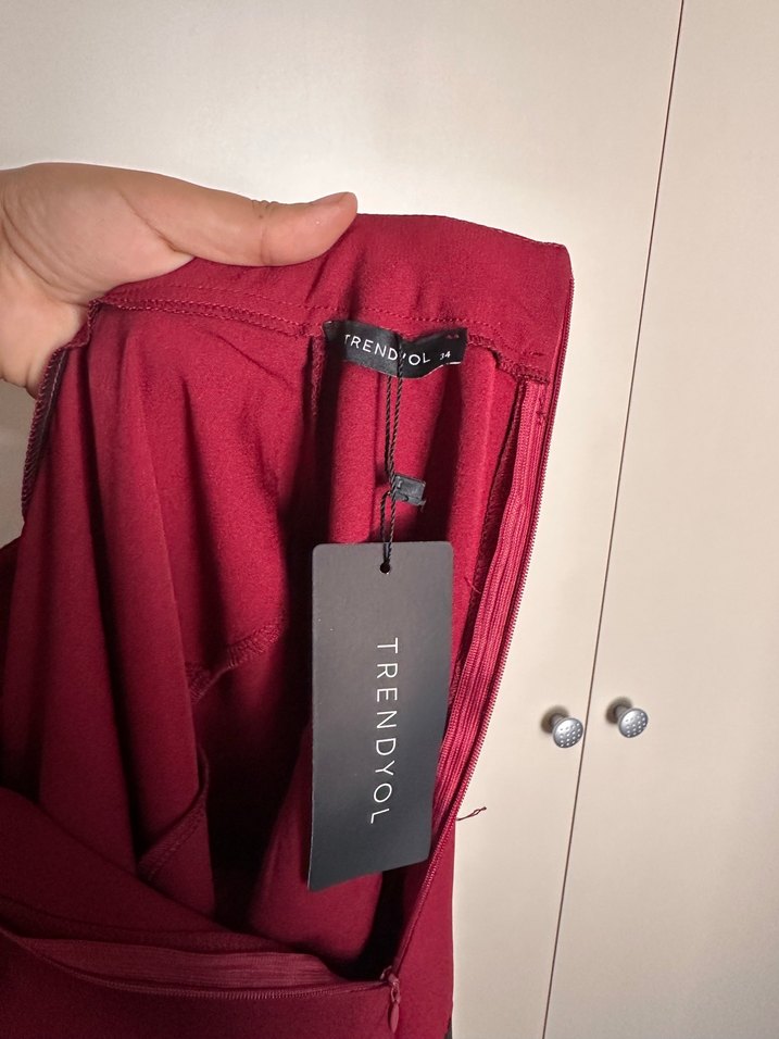 Bordo Uzun Kollu V Yakalı Kalem Elbise - Görsel 4