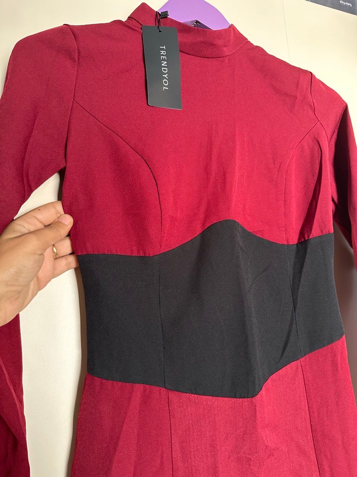 Bordo Uzun Kollu V Yakalı Kalem Elbise - Görsel 2