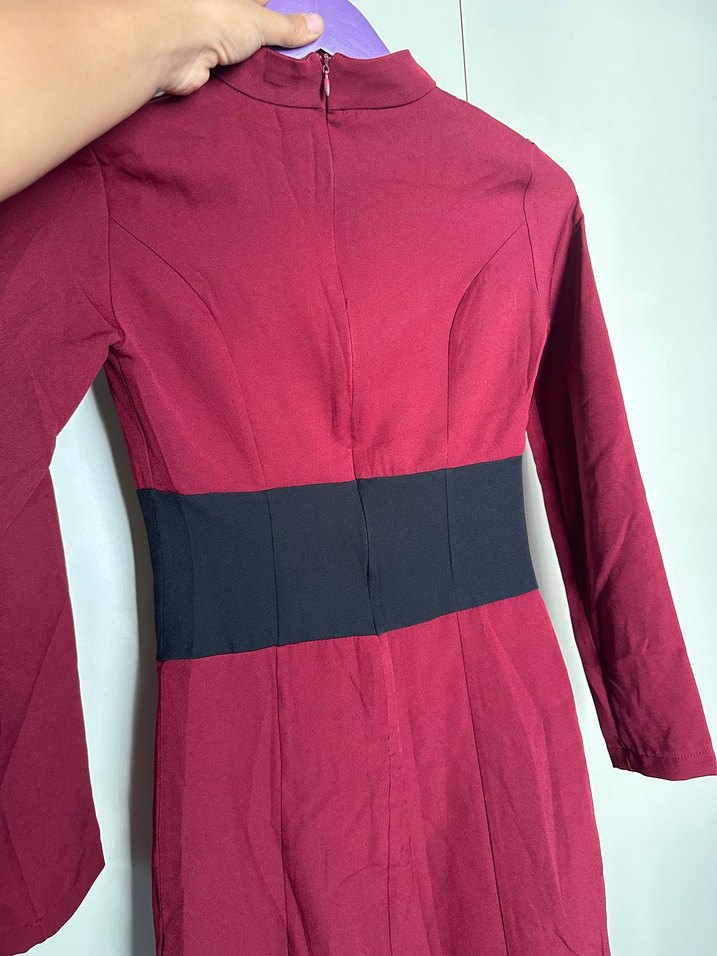 Bordo Uzun Kollu V Yakalı Kalem Elbise - Görsel 3