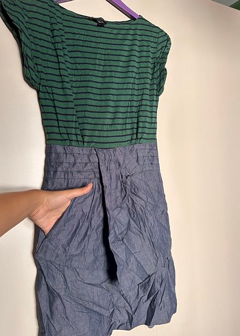 Yeşil Çizgili Gri Midi Keten Elbise - Görsel 3