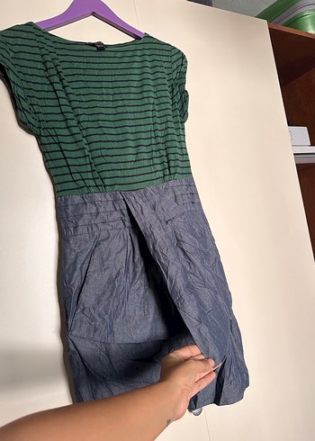 Yeşil Çizgili Gri Midi Keten Elbise - Görsel 4