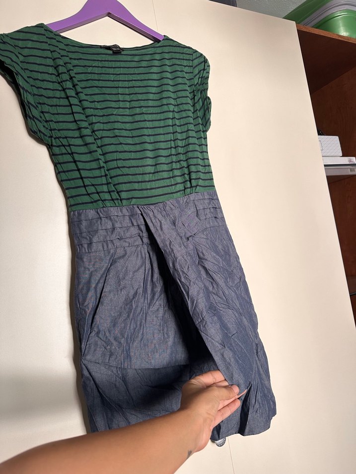 Yeşil Çizgili Gri Midi Keten Elbise - Görsel 4