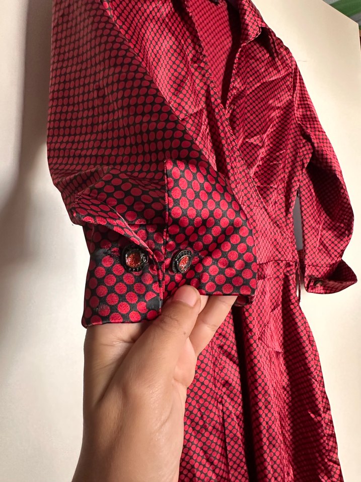 Uzun Kol kareli Bordo Kadın Elbise - Görsel 4