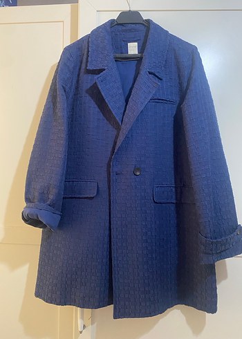 Lacivert Midi Kadın Keten Blazer Ceket