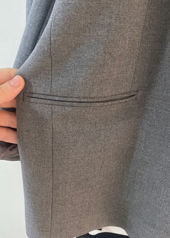 Gri Kadın Keten Düğmeli Blazer Ceket oversize - Görsel 7