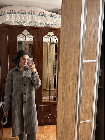 Unisex Hm kazayağı desenli yün içerikli vintage kaban