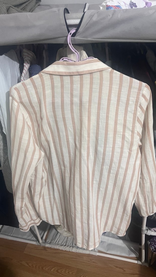Bej Çizgili Keten Kadın Gömlek - Görsel 2