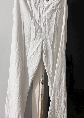 Düğmeli Beyaz Keten Kadın Pantolon - Görsel 2