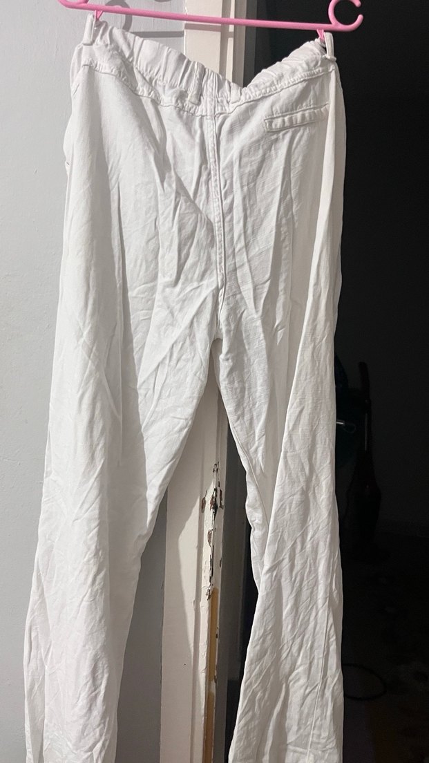 Düğmeli Beyaz Keten Kadın Pantolon - Görsel 2