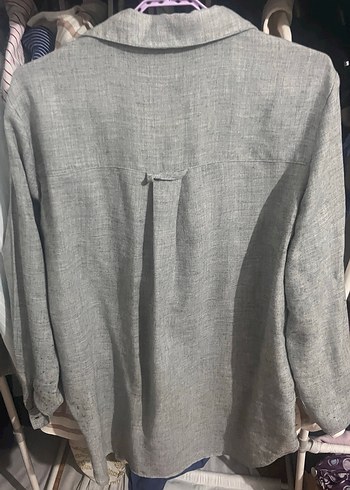 Düğmeli Gri Keten Kadın Gömlek - Görsel 3
