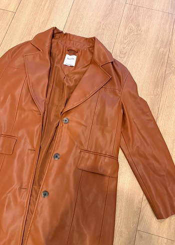 Düğmeli Uzun Kahverengi Deri Kadın Trençkot - Görsel 3