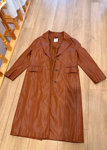 Düğmeli Uzun Kahverengi Deri Kadın Trençkot - Görsel 2