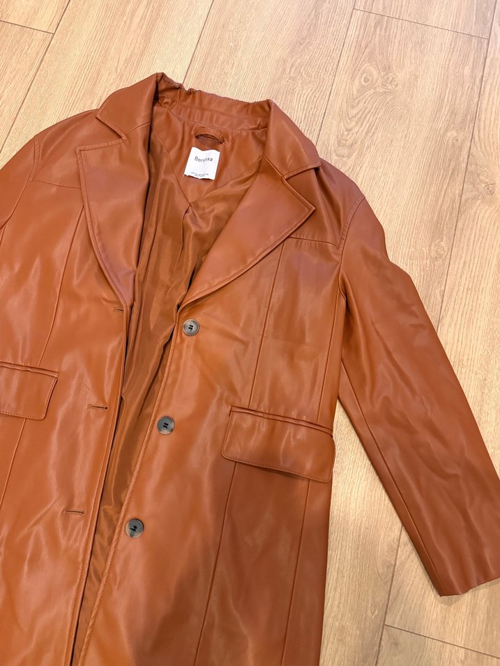 Düğmeli Uzun Kahverengi Deri Kadın Trençkot - Görsel 3