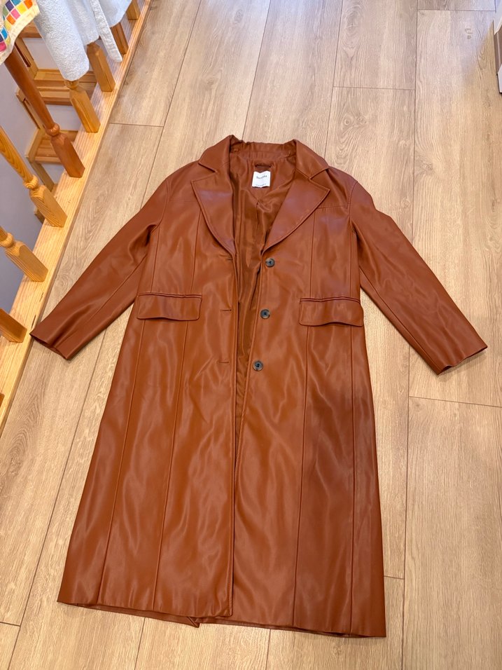 Düğmeli Uzun Kahverengi Deri Kadın Trençkot - Görsel 2