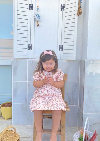 24-36 Ay Beden Pembe Pofuduk Kız Çocuk Elbisesi V Yakalı