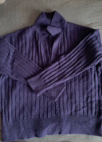 Lacivert Mor Yakalı Uzun Kollu Örgü Kadın Kazak - Görsel 2