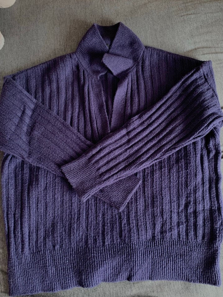 Lacivert Mor Yakalı Uzun Kollu Örgü Kadın Kazak - Görsel 2