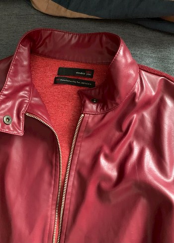 Vintage Bordo Deri Vücuda oturan Ceket, Fermuarlı, Uzun Kollu - Görsel 2