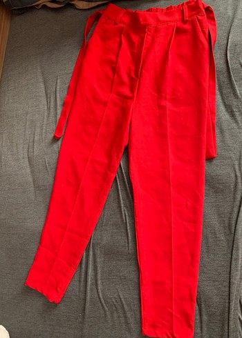Kemerli Kırmızı Kadın Kumaş Pantolon - Görsel 2