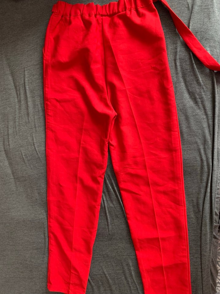 Kemerli Kırmızı Kadın Kumaş Pantolon - Görsel 3