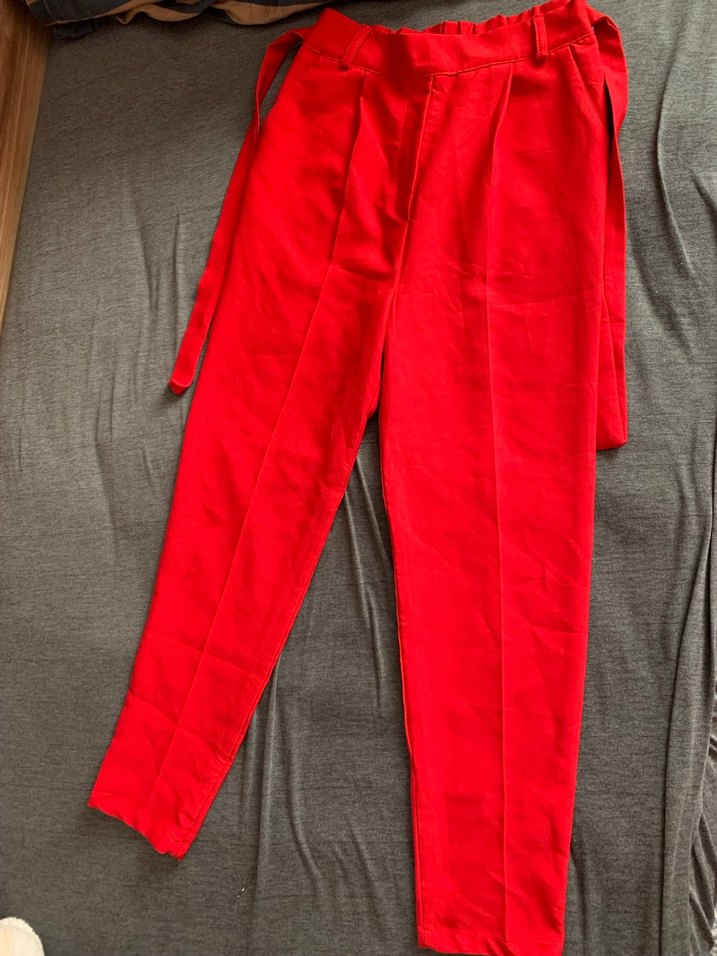 Kemerli Kırmızı Kadın Kumaş Pantolon - Görsel 2
