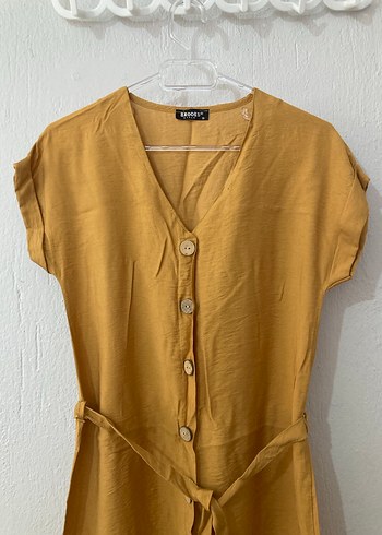 Sarı Keten Uzun Düğmeli Bohem Elbise - Görsel 2