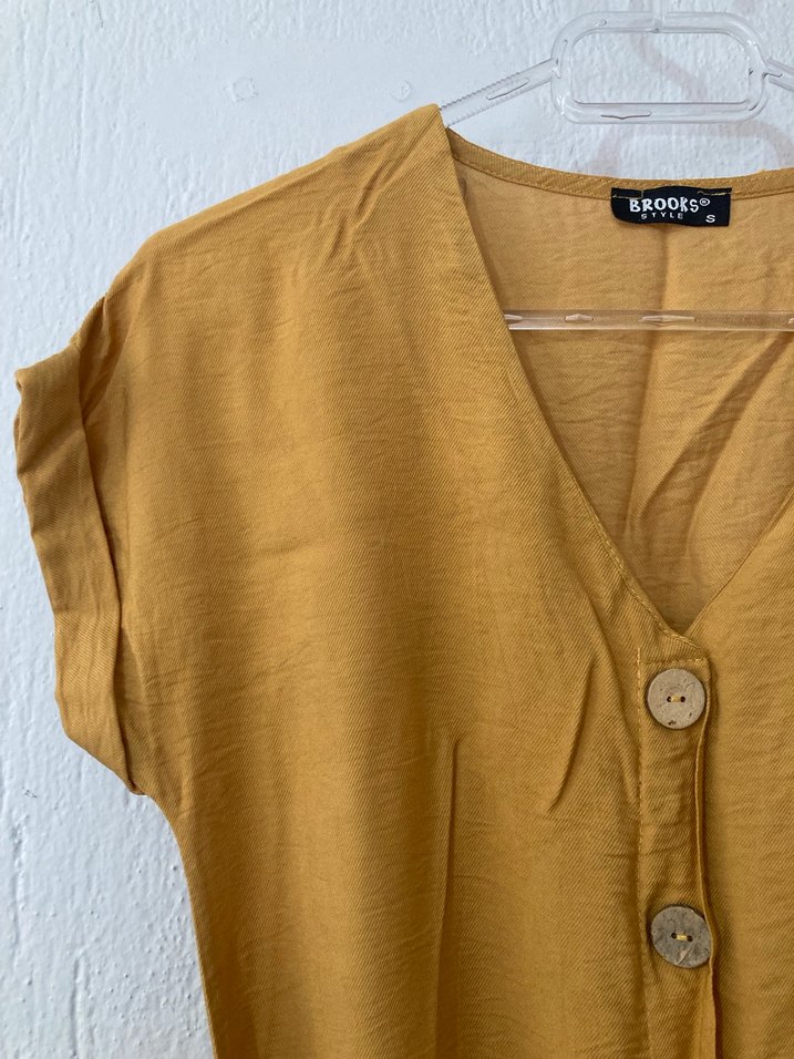 Sarı Keten Uzun Düğmeli Bohem Elbise - Görsel 3