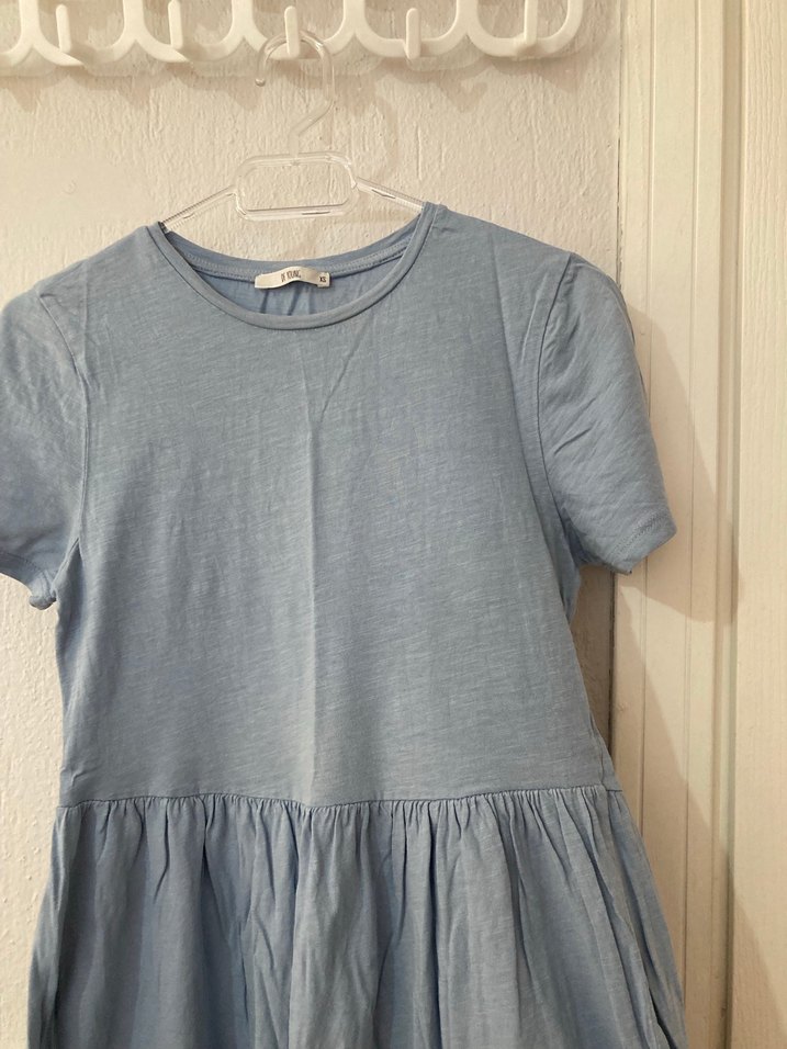 Mavi Keten Midi Elbise, Kısa Kollu, Salaş Kesim - Görsel 2