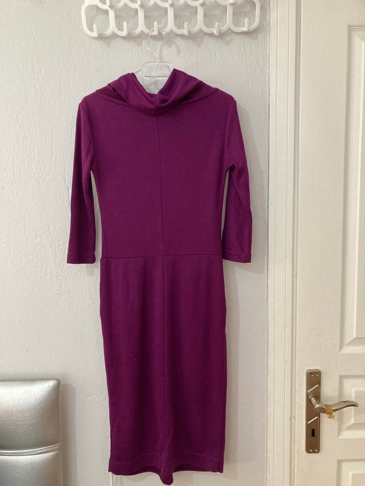 Uzun Kollu, Yüksek Yakalı Mor Triko Elbise - Görsel 3