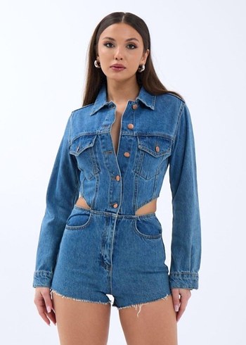 Düğmeli Kısa Mavi Kadın Kot Ceket - Görsel 2