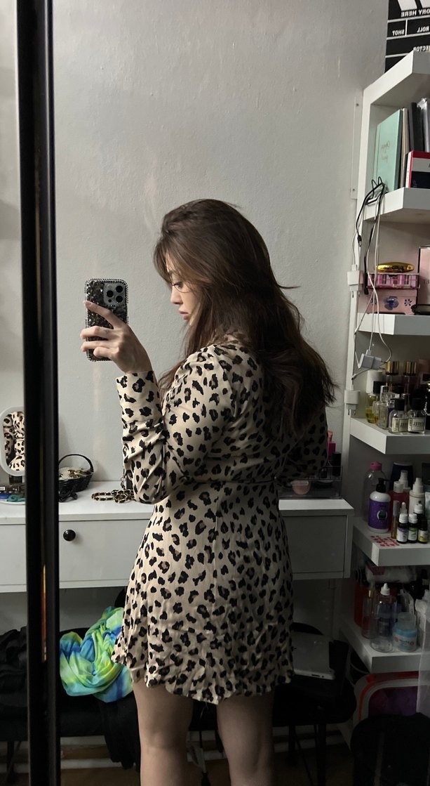 Leopar Desenli V Yaka Midi Elbise - Görsel 2