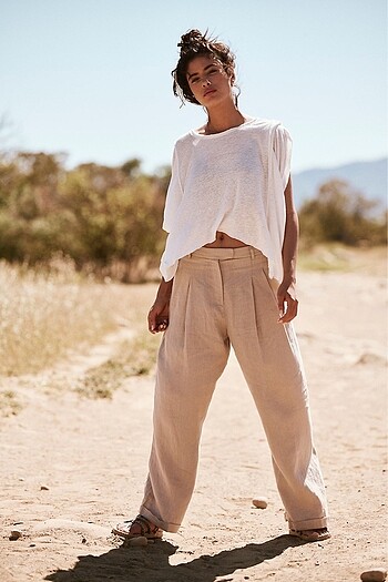 Free People Marka 5 düğmeli Keten Flare Pantolon