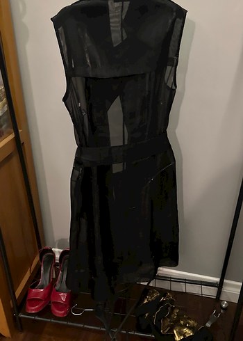 Siyah Kemerli Kolsuz Uzun Trench Coat - Görsel 7