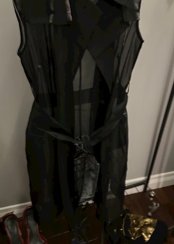 Siyah Kemerli Kolsuz Uzun Trench Coat - Görsel 11