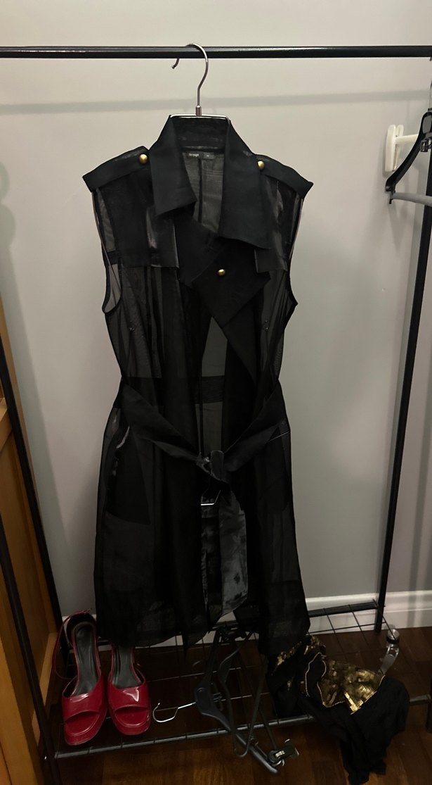 Siyah Kemerli Kolsuz Uzun Trench Coat - Görsel 2