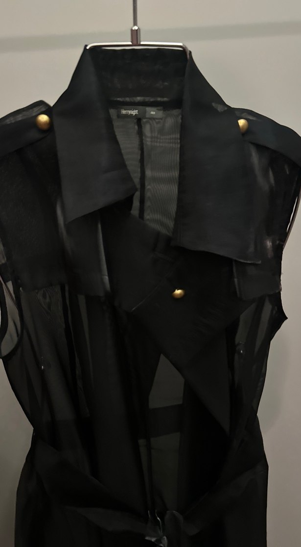 Siyah Kemerli Kolsuz Uzun Trench Coat - Görsel 3