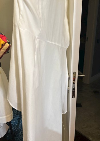 Drapeli Beyaz Keten Midi Kadın Gömlek - Görsel 6