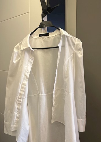 Drapeli Beyaz Keten Midi Kadın Gömlek - Görsel 8