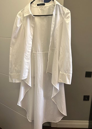 Drapeli Beyaz Keten Midi Kadın Gömlek - Görsel 2