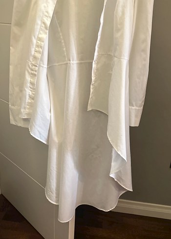 Drapeli Beyaz Keten Midi Kadın Gömlek - Görsel 7