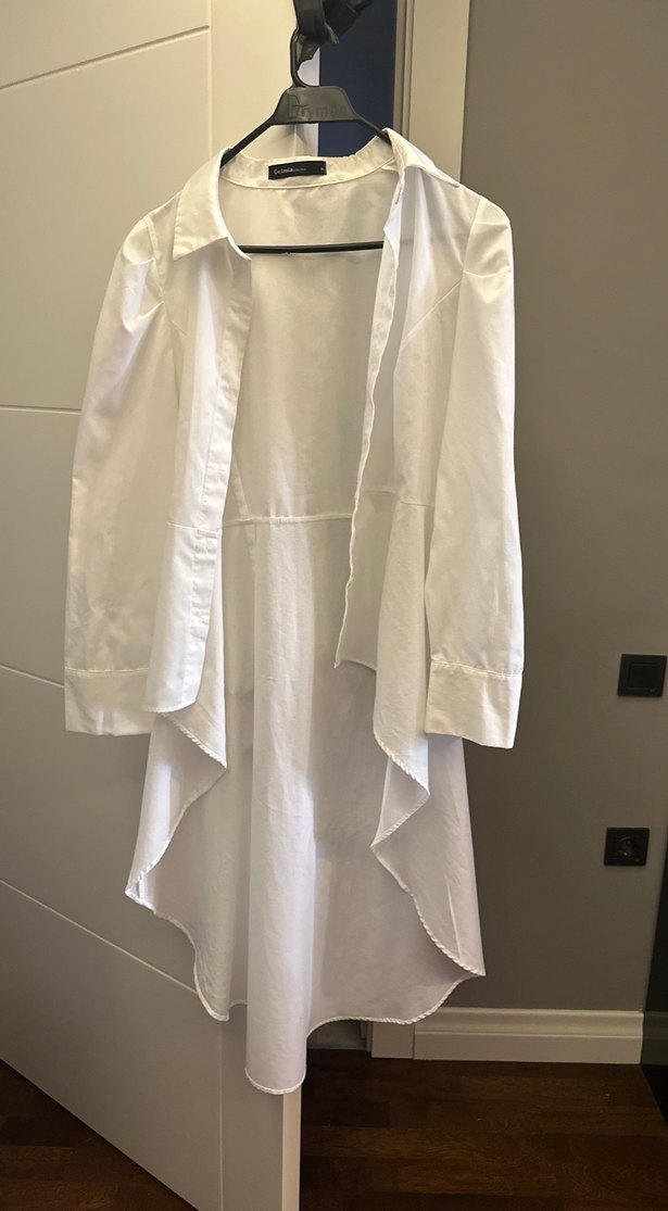 Drapeli Beyaz Keten Midi Kadın Gömlek - Görsel 2