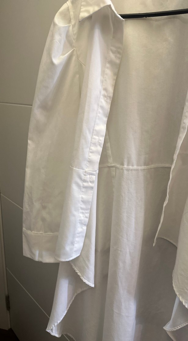 Drapeli Beyaz Keten Midi Kadın Gömlek - Görsel 4