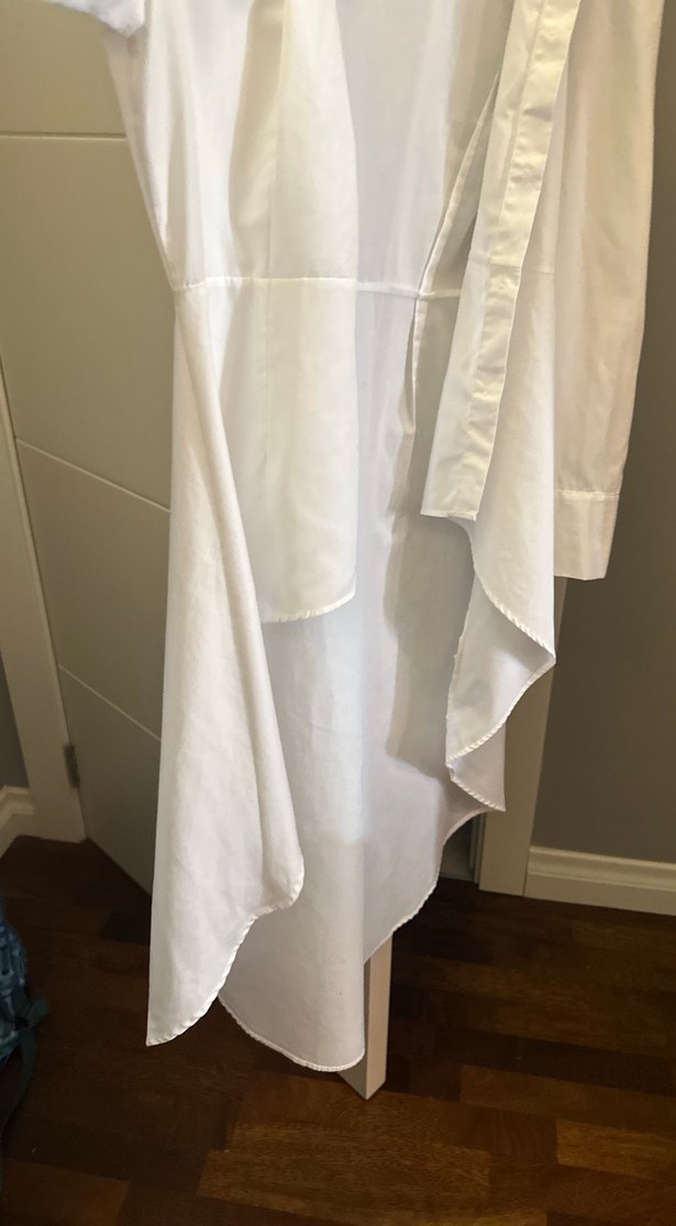 Drapeli Beyaz Keten Midi Kadın Gömlek - Görsel 5