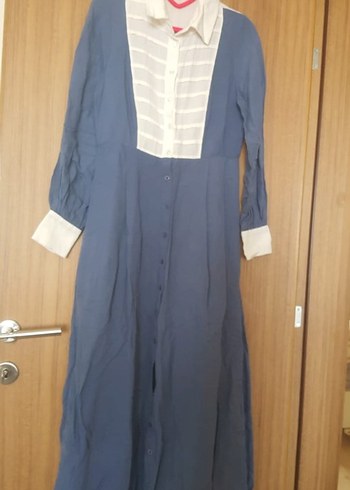 Mavi Uzun Keten Elbise, Pilili ve Bol Kesim - Görsel 2