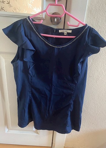 Lacivert Saten Fırfırlı Kadın Bluz - Görsel 2