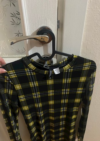 Sarı Siyah Ekose Uzun Kollu Midi Elbise - Görsel 4