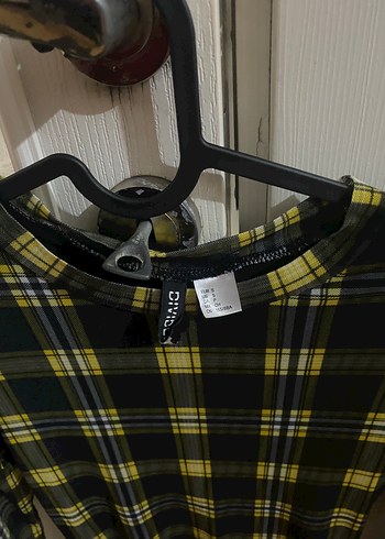 H&M Sarı Siyah Ekose Uzun Kollu Midi Elbise