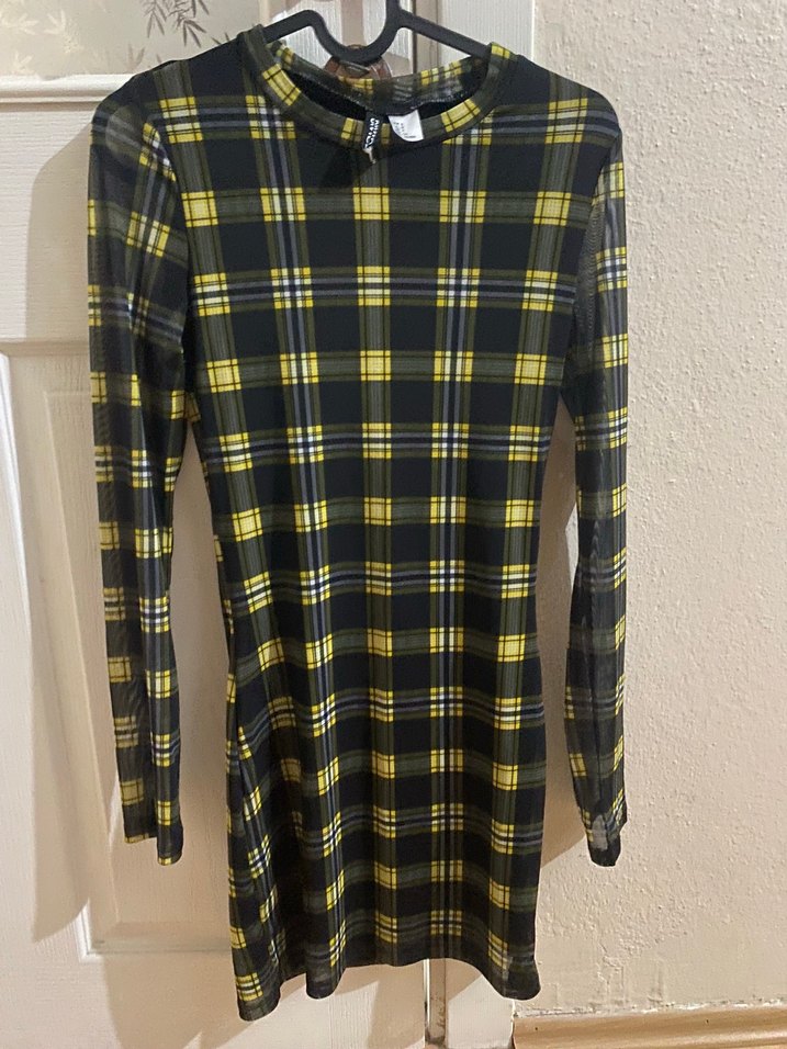 Sarı Siyah Ekose Uzun Kollu Midi Elbise - Görsel 2