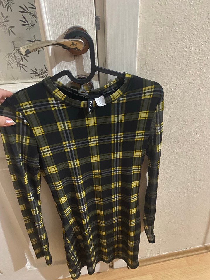 Sarı Siyah Ekose Uzun Kollu Midi Elbise - Görsel 3